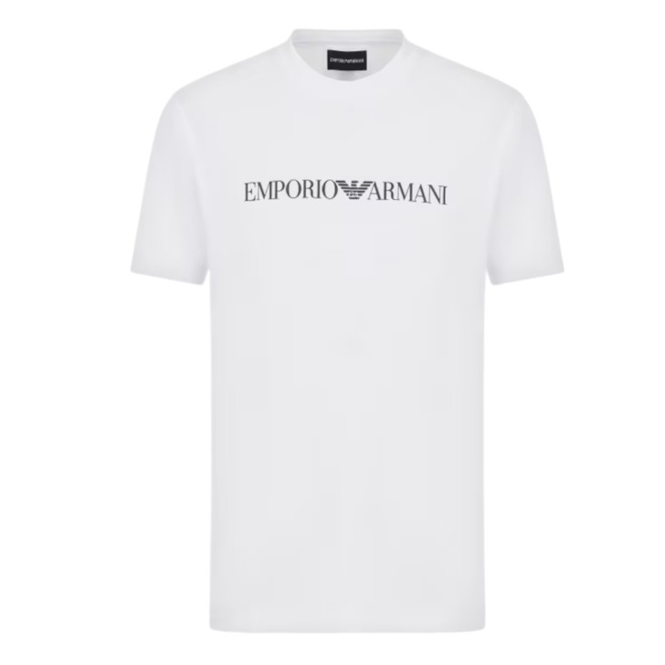 EMPORIO ARMANI T-SHIRT A MANICA CORTA WHITE IN JERSEY PIMA CON STAMPA LOGO LETTERING BLUE