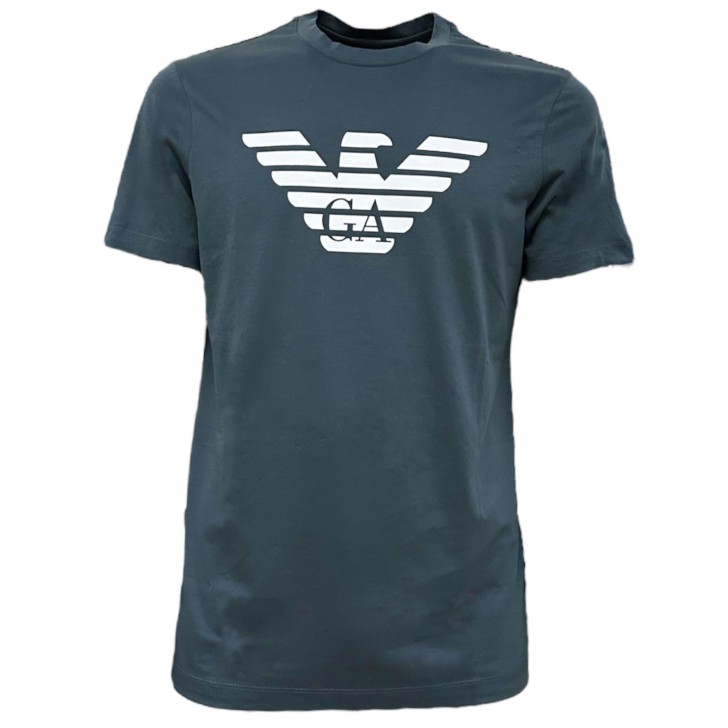 EMPORIO ARMANI T-SHIRT A MANICA CORTA SKY BLUE IN JERSEY PIMA CON STAMPA LOGO AQUILA WHITE 