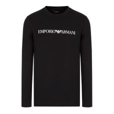 EMPORIO ARMANI MAGLIA A MANICA LUNGA BLACK IN JERSEY PIMA CON STAMPA LOGO LETTERING WHITE