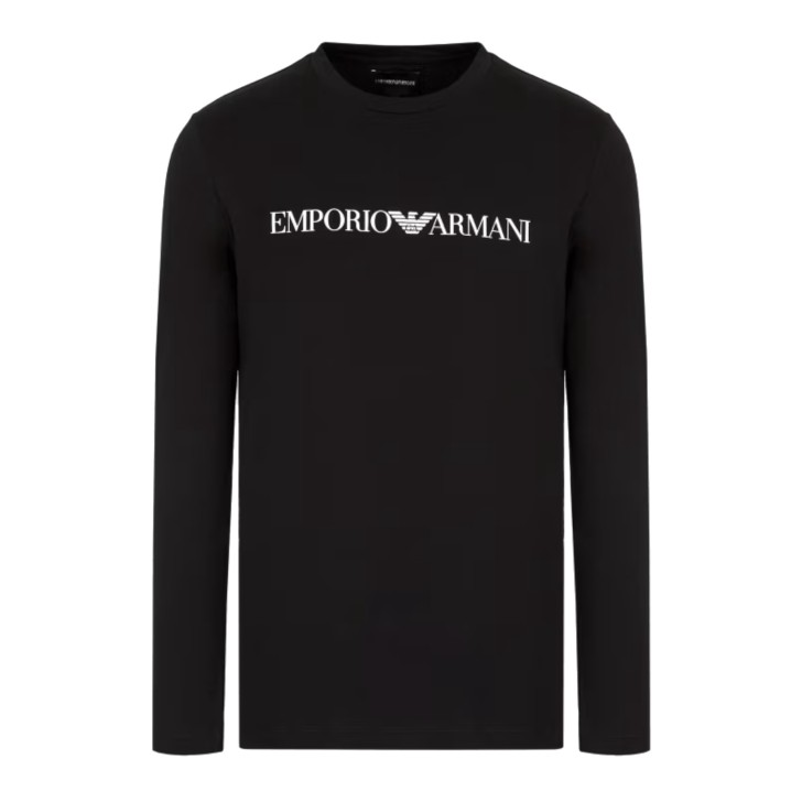 EMPORIO ARMANI MAGLIA A MANICA LUNGA BLACK IN JERSEY PIMA CON STAMPA LOGO LETTERING WHITE