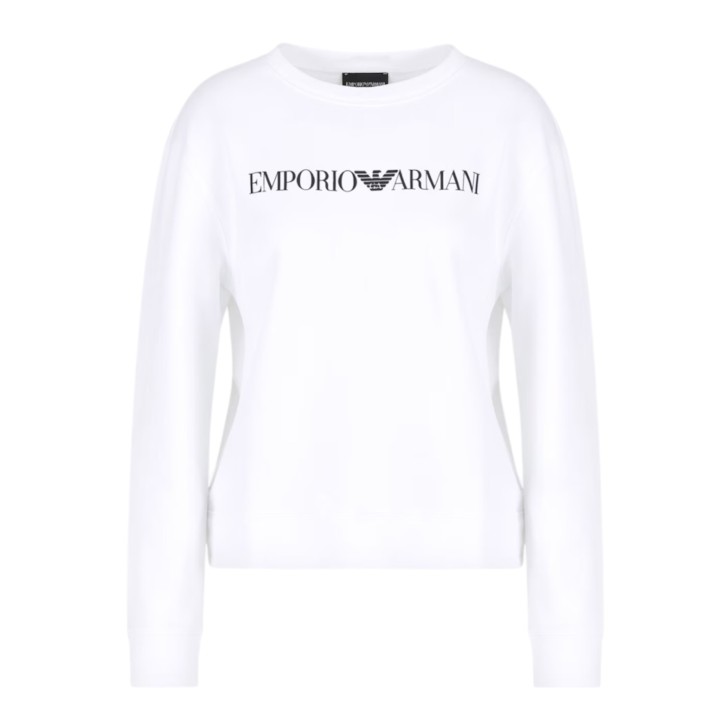 EMPORIO ARMANI FELPA GIROCOLLO WHITE IN JERSEY ORGANICO CON LOGO LETTERING ASV BLUE