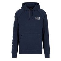 EA7 EMPORIO ARMANI FELPA CON CAPPUCCIO BLUE IN MISTO COTONE CON LOGO LETTERING WHITE	