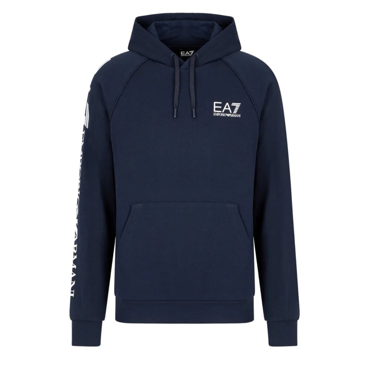 EA7 EMPORIO ARMANI FELPA CON CAPPUCCIO BLUE IN MISTO COTONE CON LOGO LETTERING WHITE	