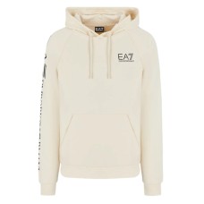 EA7 EMPORIO ARMANI FELPA CON CAPPUCCIO BEIGE IN MISTO COTONE CON LOGO LETTERING BLACK