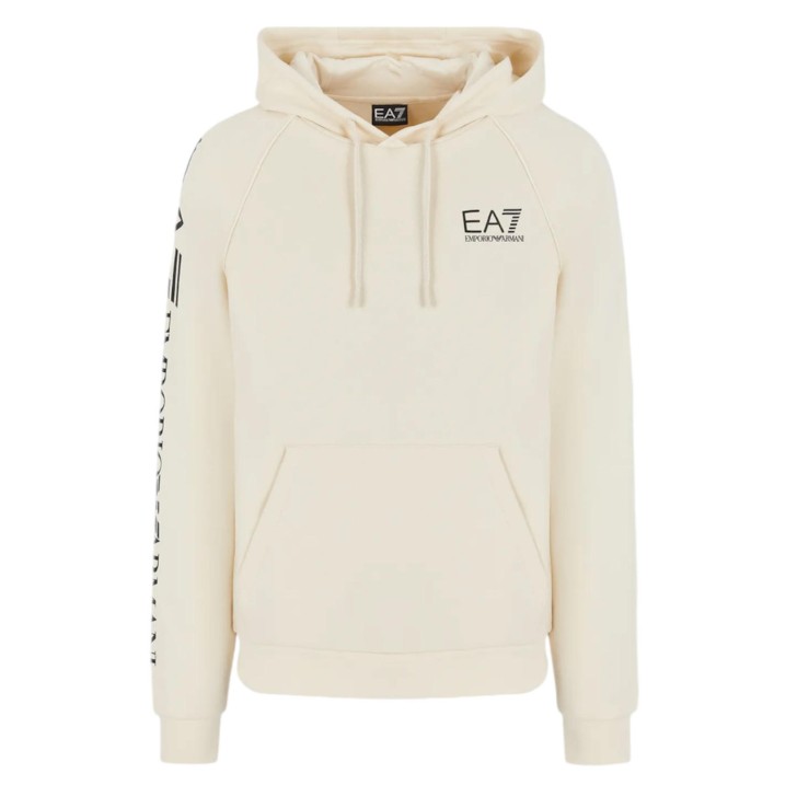 EA7 EMPORIO ARMANI FELPA CON CAPPUCCIO BEIGE IN MISTO COTONE CON LOGO LETTERING BLACK