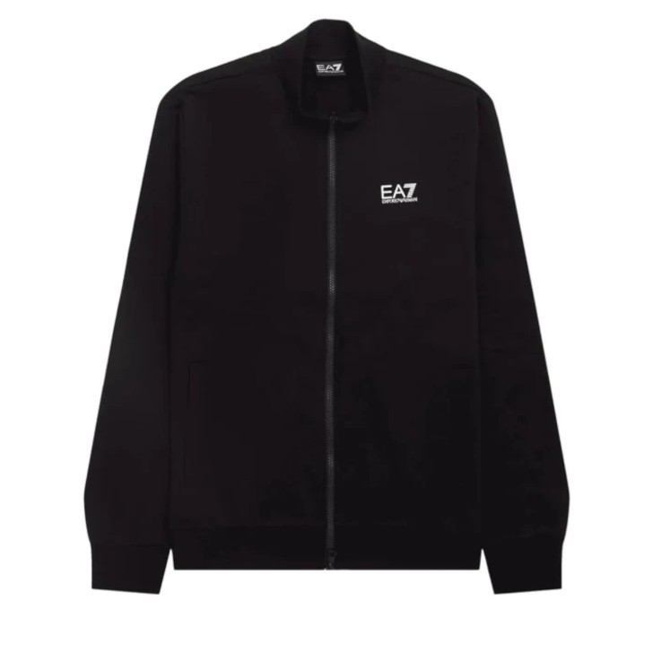 EA7 EMPORIO ARMANI FELPA FULL ZIP IN COTONE BLACK CON LOGO LETTERING WHITE