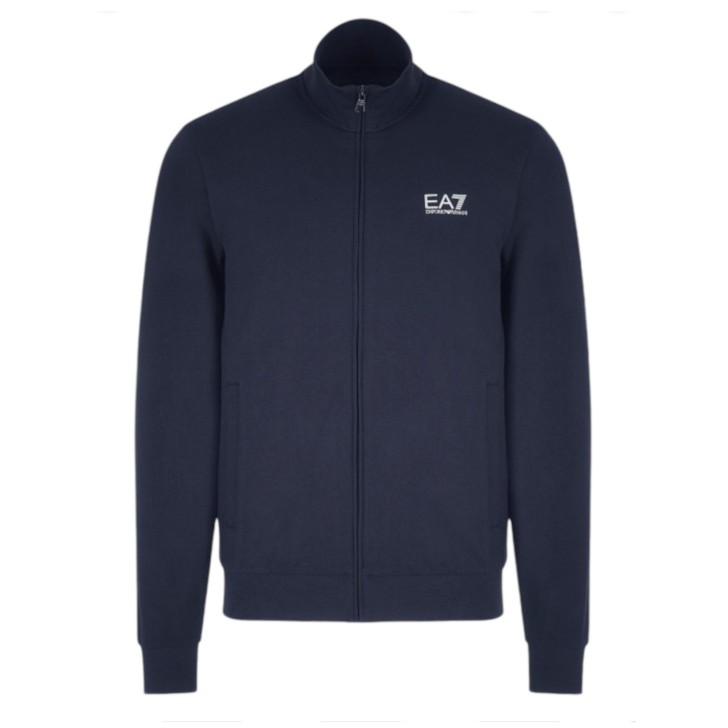 EA7 EMPORIO ARMANI FELPA FULL ZIP IN COTONE BLUE CON LOGO LETTERING WHITE	