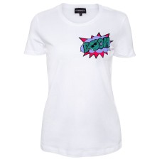 Emporio Armani T-shirt a manica corta Bianca in jersey stretch con stampa Manga Bear Boom con pailettes