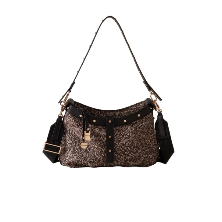 BORBONESE BORSA HOBO MINI A SPALLA CON STAMPA OP NATURAL/BLACK IN NYLON 