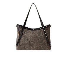 BORBONESE BORSA SHOPPING A SPALLA CON STAMPA OP NATURAL/BLACK IN NYLON DA DONNA