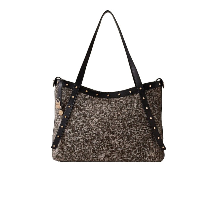 BORBONESE BORSA SHOPPING A SPALLA CON STAMPA OP NATURAL/BLACK IN NYLON DA DONNA