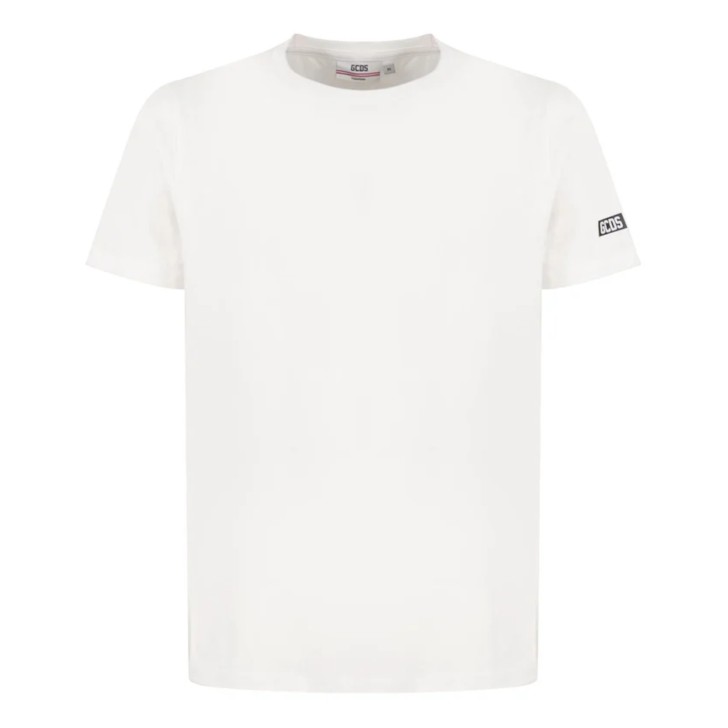 GCDS ESSENTIALS T-SHIRT A MANICA CORTA IN COTONE WHITE UNISEX CON LOGO LETTERING SULLA MANICA 