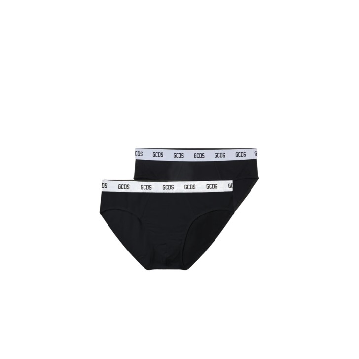 GCDS ESSENTIALS BRIEFS 2-PACK IN COTONE BLACK CON FASCA ELASTICA WHITE CON LOGO LETTERING BLACK