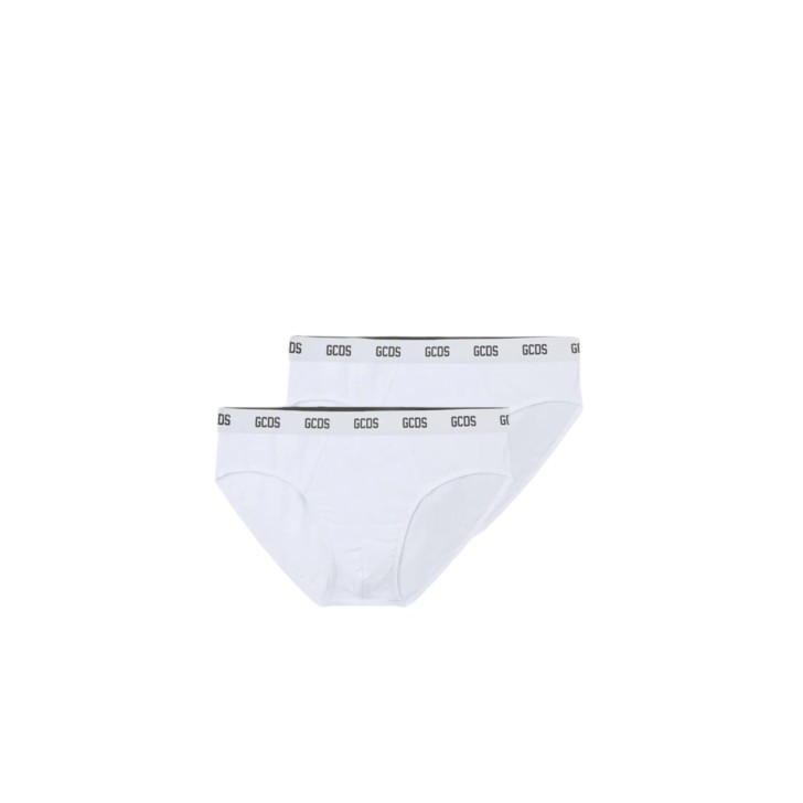 GCDS ESSENTIALS BRIEFS 2-PACK IN COTONE WHITE CON FASCA ELASTICA WHITE CON LOGO LETTERING BLACK	