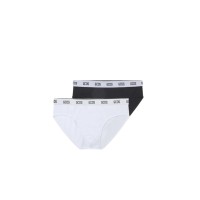 GCDS ESSENTIALS BRIEFS 2-PACK IN COTONE WHITE E BLACK CON FASCA ELASTICA WHITE CON LOGO LETTERING BLACK	