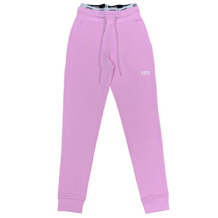 GCDS ESSENTIALS PANTALONE JOGGERS IN COTONE PINK CON ELASTICO IN VITA WHITE E LOGO LETTERING BLACK	