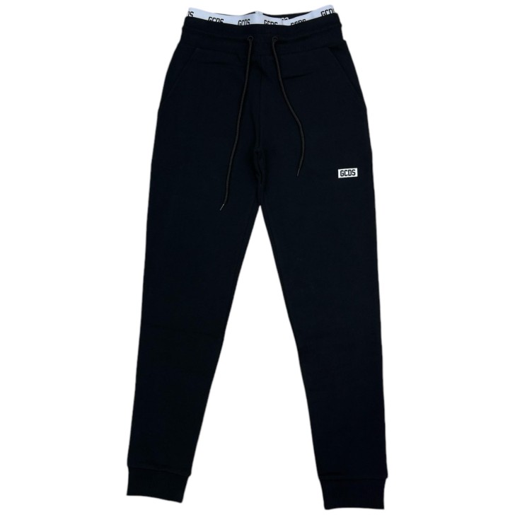 GCDS ESSENTIALS PANTALONE JOGGERS IN COTONE BLACK CON ELASTICO IN VITA WHITE E LOGO LETTERING BLACK 