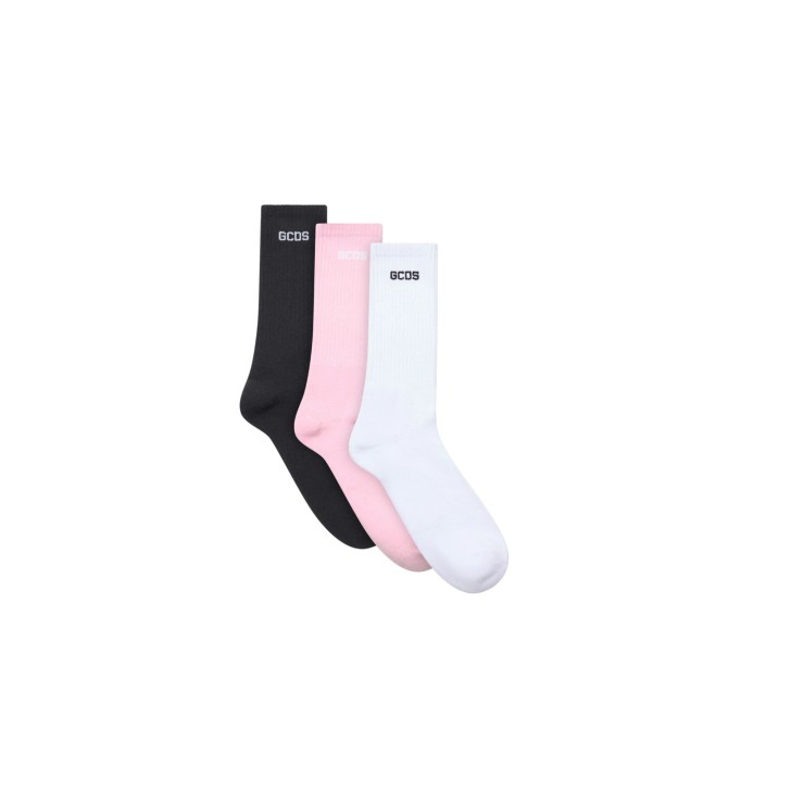 GCDS ESSENTIALS SET SOCKS 3-PACK BLACK WHITE PINK CON LOGO LETTERING 