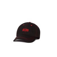 GCDS ESSENTIAL CAPPELLO DA BASEBALL IN GABARDINA DI COTONE UNISEX BLACK CON LOGO LETTERING GCDS RICAMATO RED