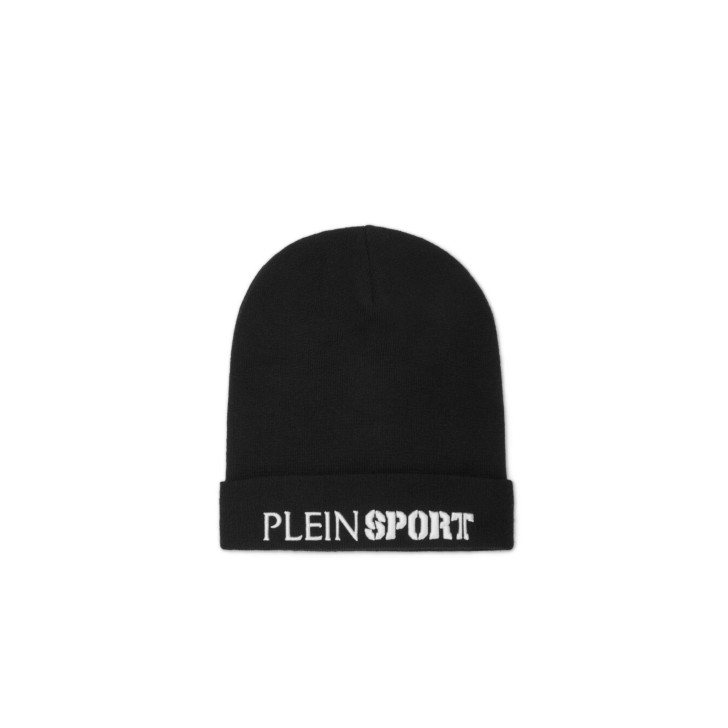 PLEIN SPORT CAPPELLO IN LANA MERINO BLACK CON LOGO LETTERING WHITE