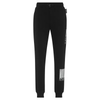 PLEIN SPORT PANTALONE JOGGING IN MISTO COTONE BLACK CON LOGO LETTERING WHITE E BARCODE