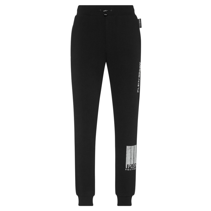 PLEIN SPORT PANTALONE JOGGING IN MISTO COTONE BLACK CON LOGO LETTERING WHITE E BARCODE