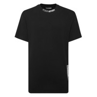 PLEIN SPORT T-SHIRT A MANICA CORTA IN COTONE BLACK A GIROCOLLO CON LOGO LETTERING E BARCODE