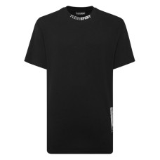 PLEIN SPORT T-SHIRT A MANICA CORTA IN COTONE BLACK A GIROCOLLO CON LOGO LETTERING E BARCODE