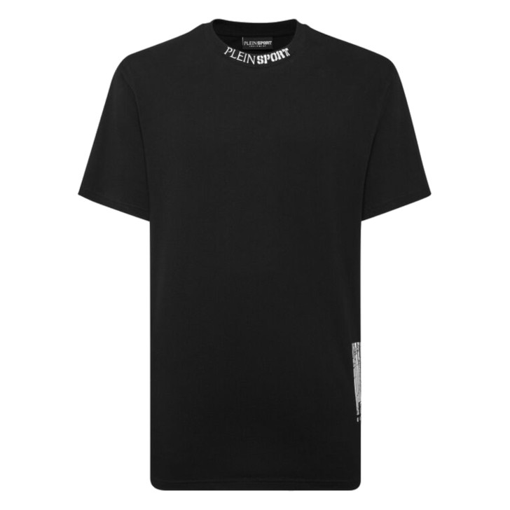 PLEIN SPORT T-SHIRT A MANICA CORTA IN COTONE BLACK A GIROCOLLO CON LOGO LETTERING E BARCODE