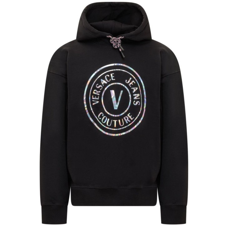 Versace Jeans Couture Felpa nera con cappuccio e maxi logo nella parte anteriore laminato