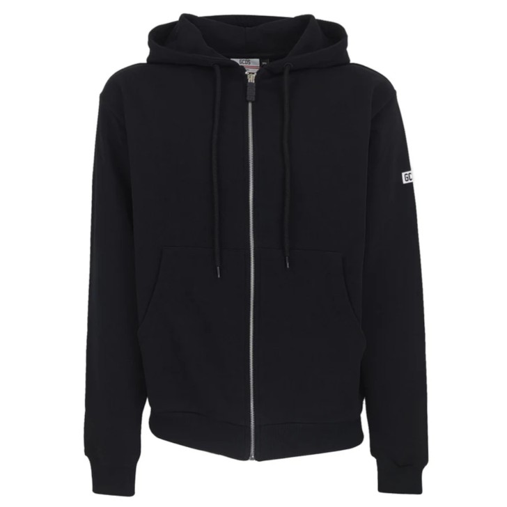 GCDS ESSENTIALS FELPA UNISEX IN COTONE BLACK FULL ZIP CON CAPPUCCIO CON LOGO LETTERING SULLA MANICA