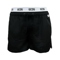 GCDS ESSENTIALS BOXER DA MARE BLACK CON ELASTICO WHITE IN VITA CON LOGO LETTERING BLACK