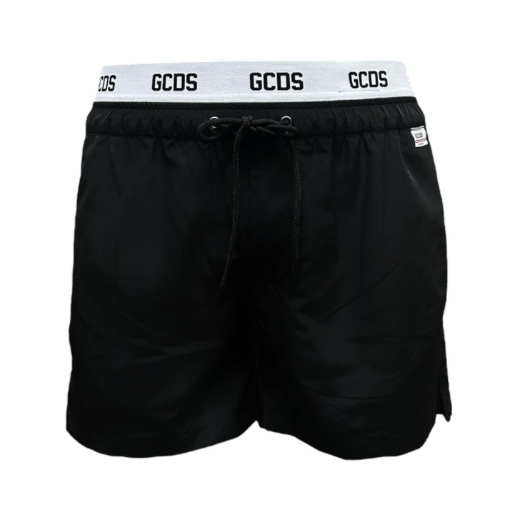 GCDS ESSENTIALS BOXER DA MARE BLACK CON ELASTICO WHITE IN VITA CON LOGO LETTERING BLACK