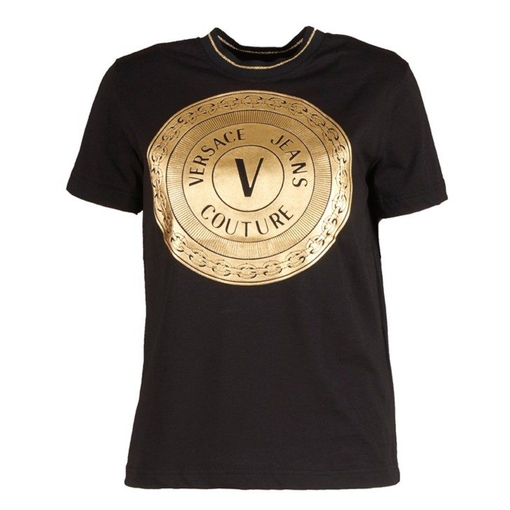 VERSACE JEANS COUTURE T-SHIRT NERA CON STAMPA ORO DA DONNA. 