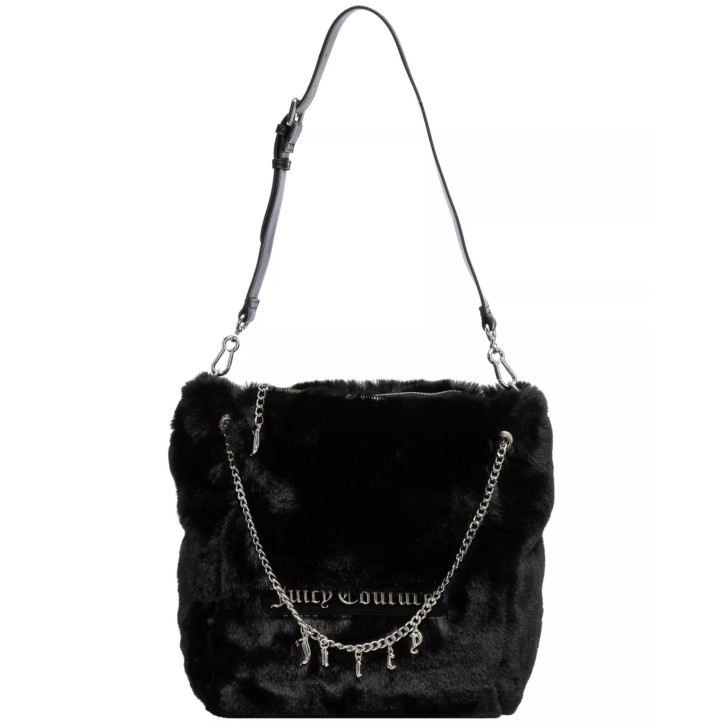 JUICY COUTURE BORSA A SPALLA IN ECOPELLICCIA BLACK CON PATCH IN PU CON LOGO LETTERING IN METALLO SILVER REVERSIBILE BLACK CON LOGO LETTERING RICAMATO 