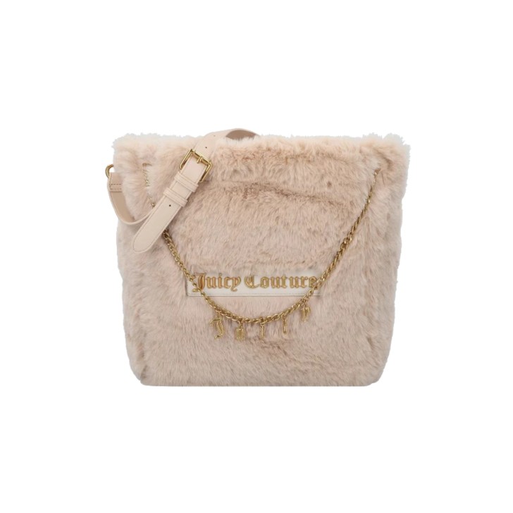 JUICY COUTURE BORSA A SPALLA IN ECOPELLICCIA BEIGE CON PATCH IN PU CON LOGO LETTERING IN METALLO GOLD REVERSIBILE BEIGE CON LOGO LETTERING RICAMATO	