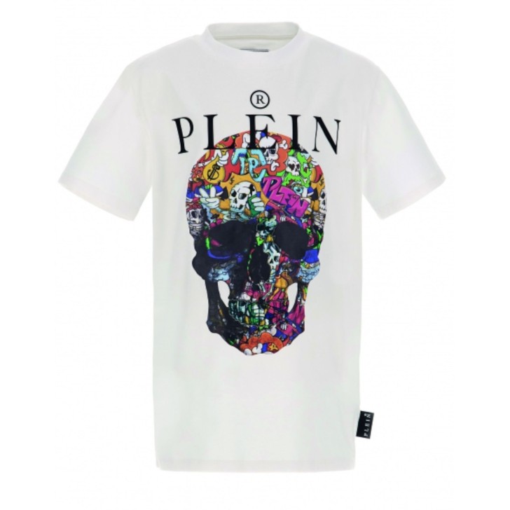 Philipp Plein T-shirt a manica corta bianca in cotone con logo PLEIN e teschio stampato