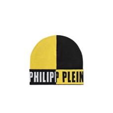 Philipp Plein Cappello in Misto Lana Nero e Giallo con logo lettering