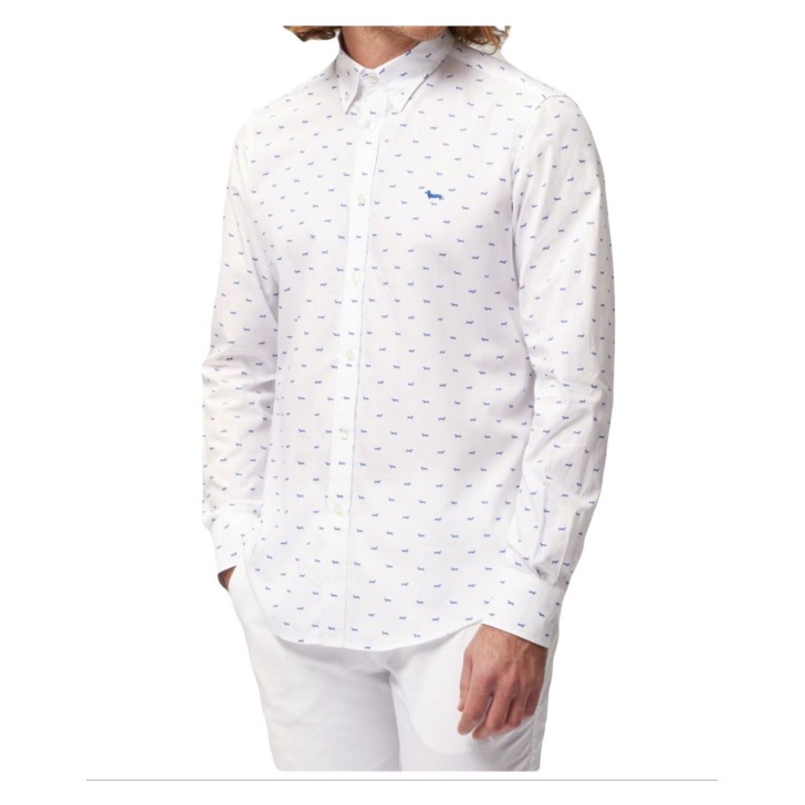 Harmont&Blaine Camicia Bianca in cotone con logo azzurro bassotto All Over 