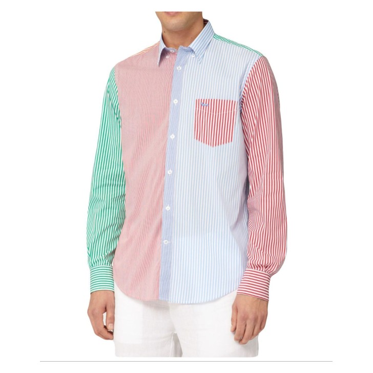 Harmont&Blaine Camicia in cotone stretch patchwork a righe multicolor con taschino sul petto