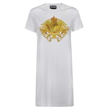 VERSACE JEANS COUTURE ABITO A MANICA CORTA IN JERSEY DI COTONE WHITE CON MAXI STAMPA YELLOW W STRASS