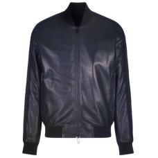 Emporio Armani Giubbotto Bomber Blu in pelle con bande sulle maniche in nastro con logo lettering