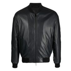 Emporio Armani Giubbotto Bomber Nero in pelle con bande sulle maniche in nastro con logo lettering