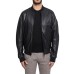 Emporio Armani Giubbotto Bomber Nero in pelle con bande sulle maniche in nastro con logo lettering