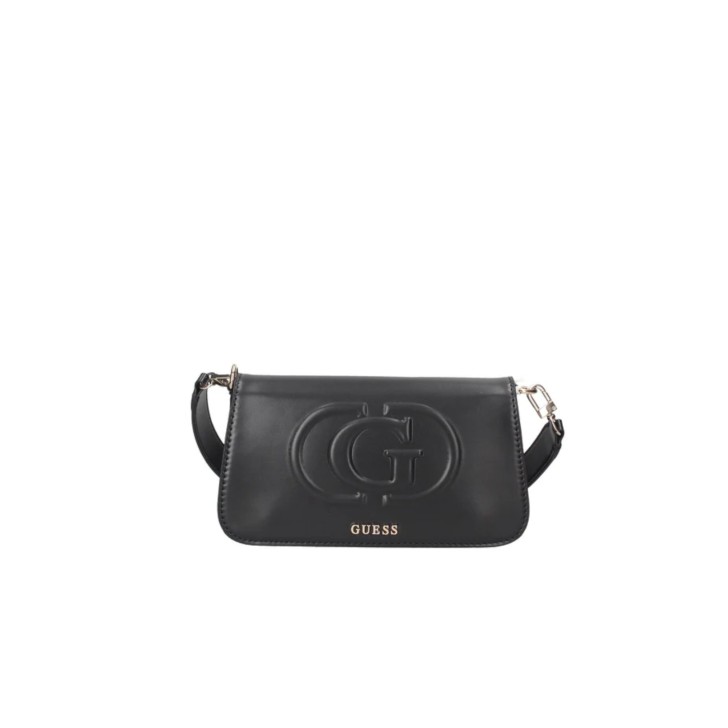 GUESS BORSA A SPALLA BLACK CON TRACOLLA REGOLABILE ESTRAIBILE CON LOGO LETTERING IN METALLO SILVER E MAXI LOGO TONO SU TONO