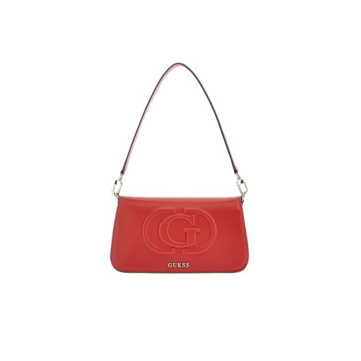 GUESS BORSA A SPALLA RED CON TRACOLLA REGOLABILE ESTRAIBILE CON LOGO LETTERING IN METALLO SILVER E MAXI LOGO TONO SU TONO	