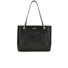 GUESS BORSA A SPALLA BLACK CON LOGO LETTERING IN METALLO SILVER E MAXI LOGO TONO SU TONO 