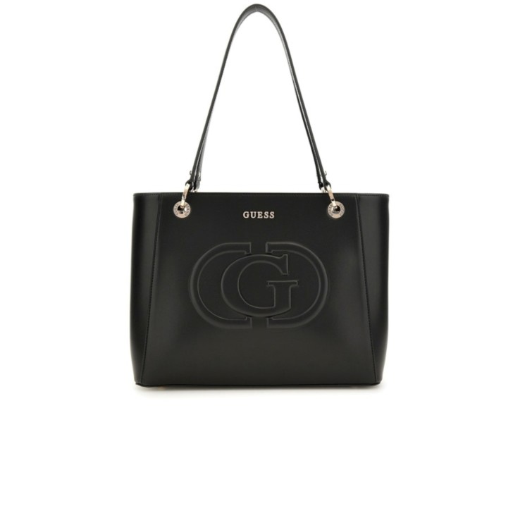 GUESS BORSA A SPALLA BLACK CON LOGO LETTERING IN METALLO SILVER E MAXI LOGO TONO SU TONO 