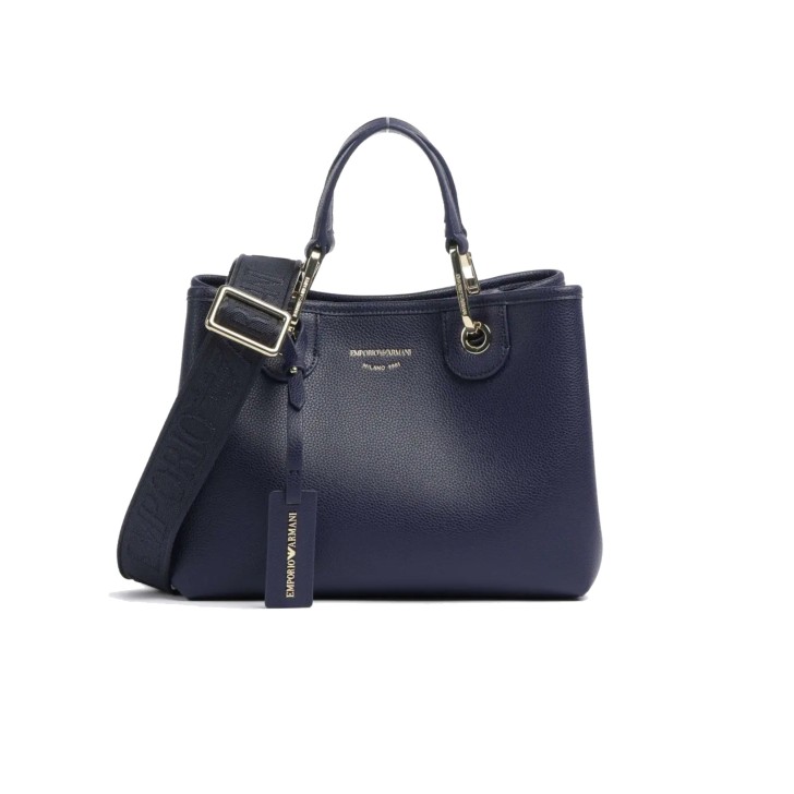 EMPORIO ARMANI SHOPPING BAG SMALL A MANO BLUE CON TRACOLLA IN NASTRO BLUE CON LOGO LETTERING ALL OVER REGOLABILE ESTRAIBILE	