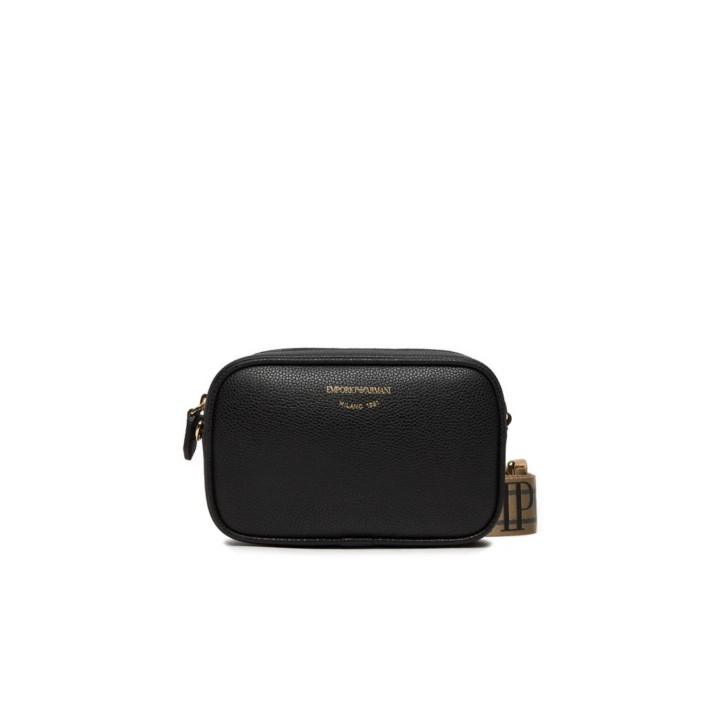 EMPORIO ARMANI MINI BAG BLACK CON TRACOLLA IN NASTRO CON LOGO LETTERING ALL OVER REGOLABILE ESTRAIBILE	